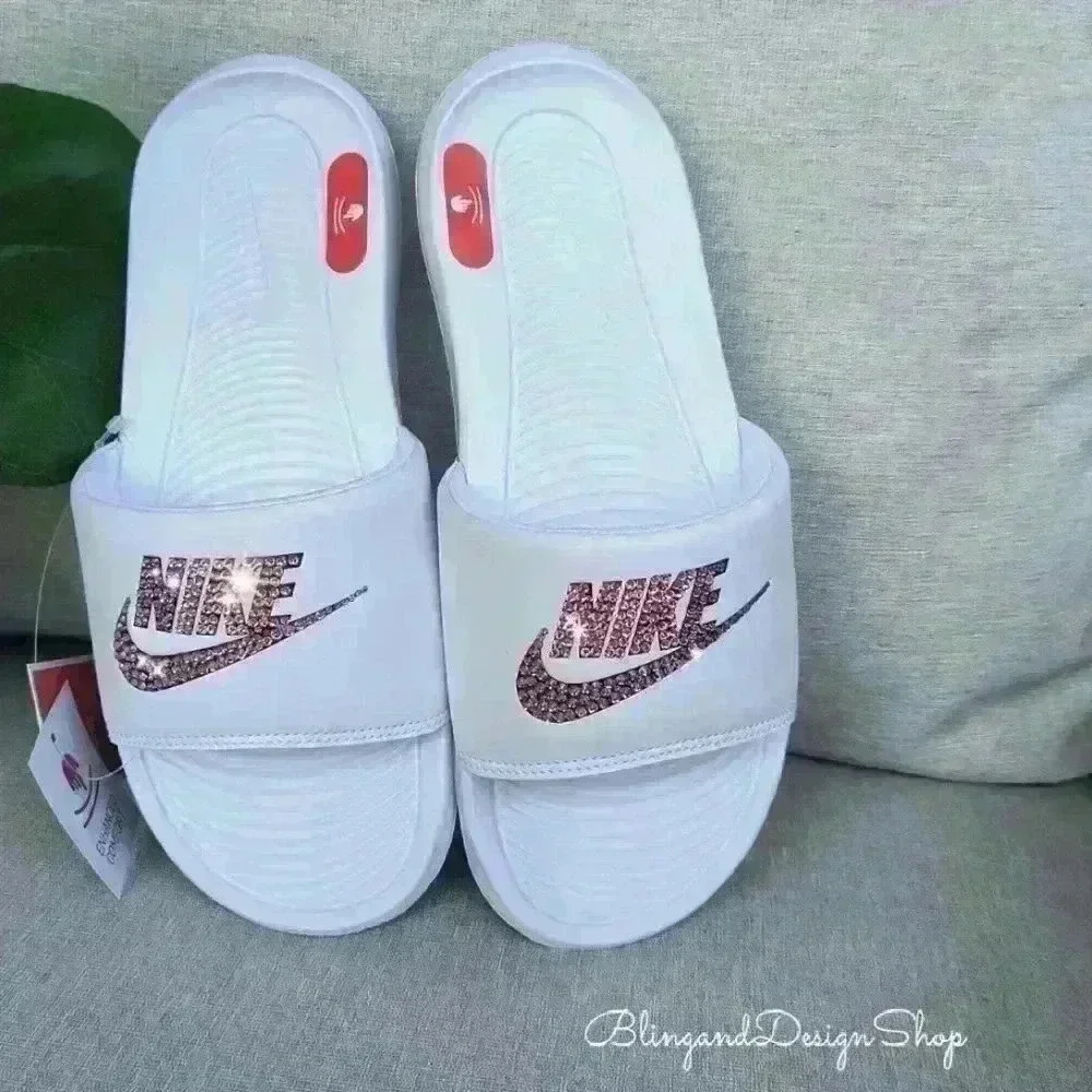 Nike Victori One Slide Sandals Custom with Pink Crystal Rhinestones Bling Nikes
